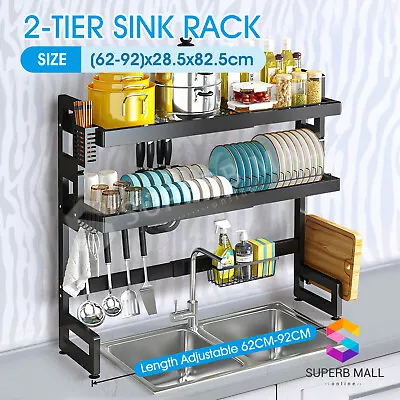 Adjustable Over Sink Dish Drying Rack 3 Tier Kitchen Cutlery Cup Storage 62-92CM • $89.59