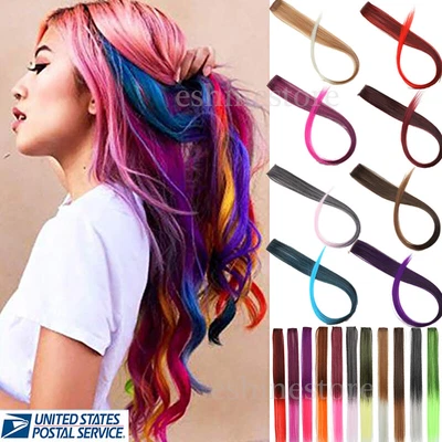 $5.99 • Buy 5 / 10 PCS Synthetic Color Hair Piece Extension Clip In Highlight Rainbow Streak