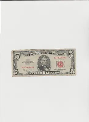 1963 Five Dollar RED Seal Note United States Note Old US Bill $5 In Circulated • $20