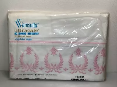 Vintage Wamsutta Ultracale One Sheet Standard Twin Flat. White/Pink Wreath NOS • $27.99