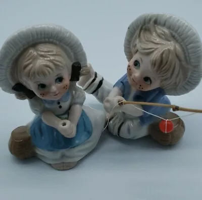 Vintage Ceramic White Blue Hand Painted Boy & Girl Fishing Figurines 4.5  • $8.99