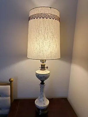 Vintage MCM Atomic Starburst Porcelain Brass Tall Table Lamp Fabric Drum Shade • $250