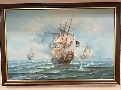 Vintage Large Naval Ship Sea Battle Galleon Oil Painting  Canvas Signed Ambrose • £275