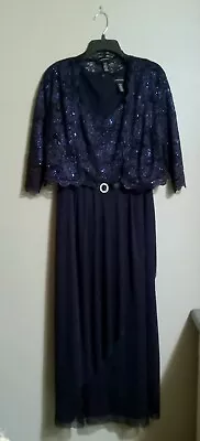 R&M Richards Women’s Sequin Lace 3/4 Sleeve Jacket Long Dress  2 Piece Navy Blue • $28.99
