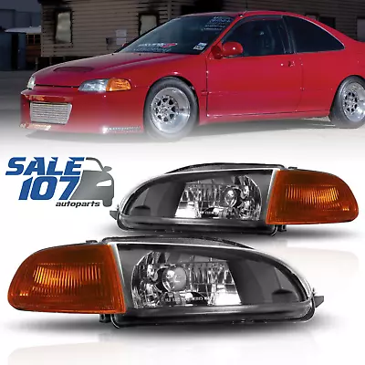 For 92-95 Honda Civic Black Housing Lamp Amber Corner Headlight Clear Left+Right • $118.72