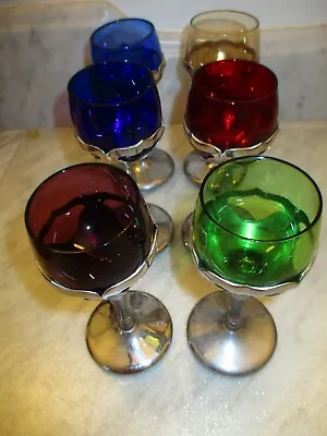 Set Of 6 Cambridge Farberware - Multi-Color Glass Silver  Metal Stemmed Cordials • $79.99