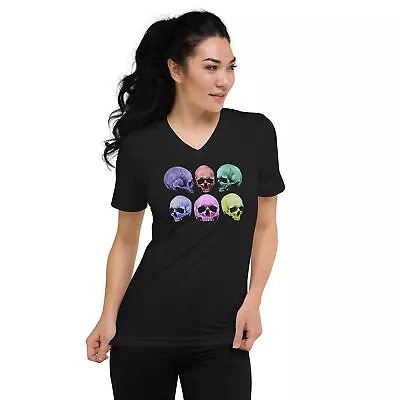 Pastel Colored Death Skulls Goth Fashion Short Sleeve V-Neck T-Shirt • $27.67