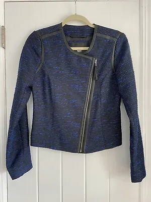 Mossimo Moto Jacket Tweed Blazer Small Blue Black Faux Leather Trim Boucle • $14
