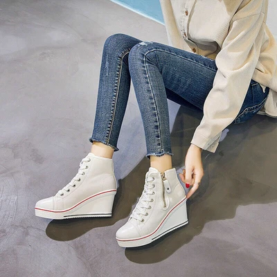 $62.01 • Buy Women Hidden Wedge  Heel Canvas Shoes Side Zipper High Platform Sneakers