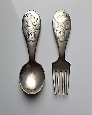 Vintage Winthrop Silver Plate Disney Mickey Minnie Mouse  Baby Fork & Spoon • $40