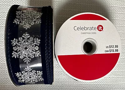 Lot Of 2 CHRISTMAS NOEL Wired Ribbon SILVER NAVY By Celebrate It 1 1/2” X 25ft • $13