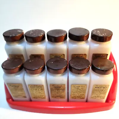 $32 • Buy Vintage Set Of 10 Griffith Lab Milk Glass Spice Jars In Red Plastic Rack