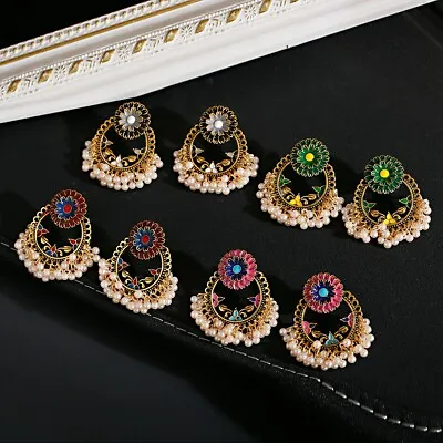 $2.19 • Buy Women Flower Indian Jhumka Earrings Drop Pearl Beads Bollywood Oxidized Earring