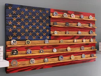 Challenge Coin Display Rack Holder - Rustic American Flag -Military Coin Display • $180