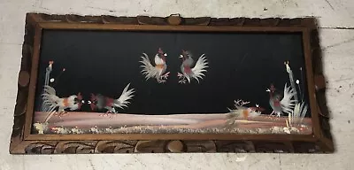 Vintage Cock Fighting Real Feather Folk Art Frame Rooster Cockfight Feathercraft • $44.95