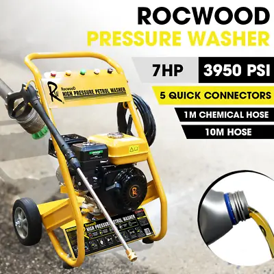 £249.99 • Buy RocwooD Petrol Pressure Washer 3950 PSI 7HP 10 Litre High Power Jet FREE Oil