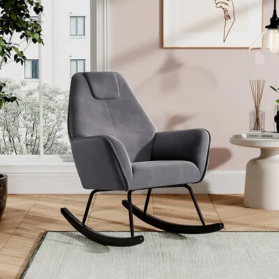 Rocking Chair Recliner Armchair Velvet Upholstered Single Sofa Black Metal Frame • £99.95