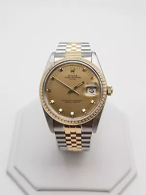 $14K 36mm ROLEX Mens DATEJUST Champagne 18k Yellow Gold SS Watch SERVICED 16013 • $4950