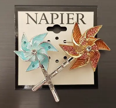 New Napier Silver Tone & Gold Tone Spinning Pinwheels Pin W/ Simulated Crystals • $19.92