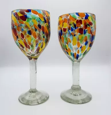 Hand Blown Mexican Confetti Wine Glass Water Goblet Multicolor Set Lot Of 2 • $25