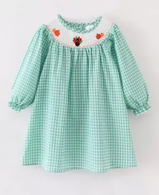 NEW Boutique Thanksgiving Turkey Girls Smocked Embroidered Plaid Gingham Dress • $16.99