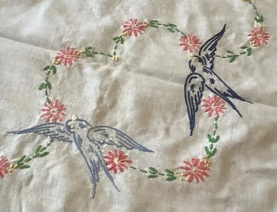 $8.90 • Buy Vintage Tablecloth Love Birds & Hearts Of Flowers Pink Blue Hand Crochet Edge