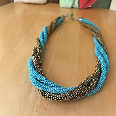 Vintage Beaded Rope Necklace Blue Bronze Bell Caps Lobster Closure 20 In L New • $22.99