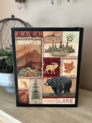 Mountain Lake Bear Deer Cabin Rustic Nature Wildlife Home Decor Wooden Sign • $11.99