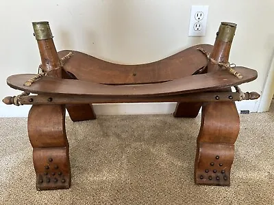 Vintage Egyptian Camel Saddle Seat Stool Solid Wood Brass Accents No Cushion • $107