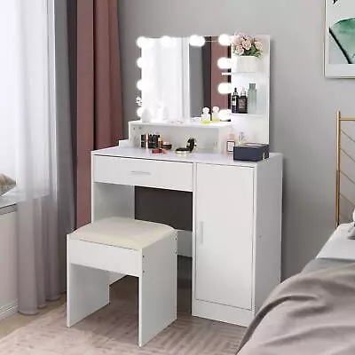 10 Lighted Mirror Makeup Vanity Table Set With Drawer And 3 Shelves + Cabinet • $154.99