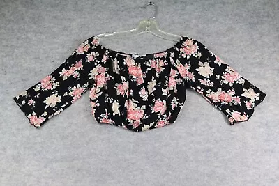 Ambiance Shirt Size Small S Cropped Midriff Black Pink Floral Stretch Elastic • $15.39