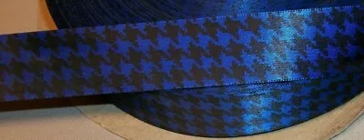 5 Yards BLUE & BLACK HOUNDSTOOTH SINGLE FACE SATIN RIBBON  7/8  Wide • $1.49