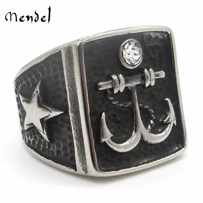 MENDEL Mens Stainless Steel Black Nautical Biker CZ Sailor Anchor Ring Size 7-13 • $10.99