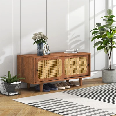 £87.99 • Buy Shoe Storage Cabinet 2 Rattan Doors Cupboard Shoe Bench Entrance Hallway Unit