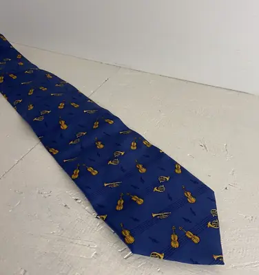 Beaufort Tie Rack Mens Tie Music Notes And Instruments 100% Silk Blue And Gold • $12