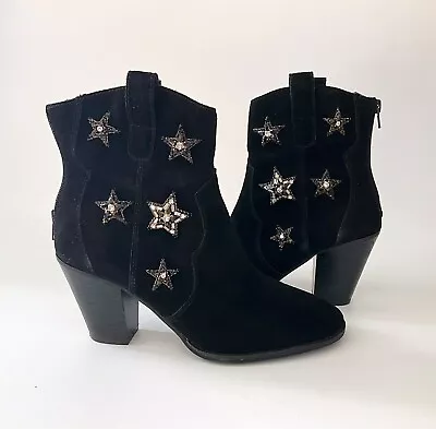 Anna Sui X INC Dazzler Black Suede Star Sequined Ankle Boots Shoes Size 8.5 M • $35