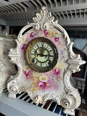 MEGA OLD ANTIQUE ANSONIA Porcelain China Mantel Shelf Clock LARGE FLORAL • $395