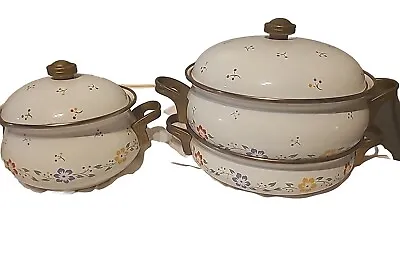 Vtg Enamel  2 Pots Skillet Lids Floral Cookware Farmhouse Cottage Collectibles  • $72.88