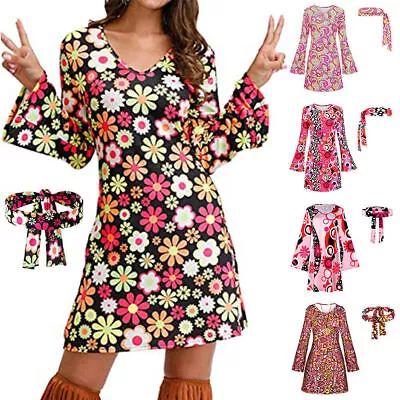 60s 70s Floral Fancy Dress Ladies Hippie Disco Dance Party Headband Outfit Set • $29.69