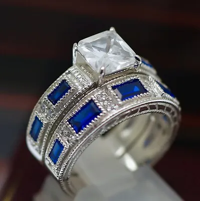 Fine Engagement Jewellery Sterling Silver Ring Set Created Sapphire Jewelry P1/2 • $102.30