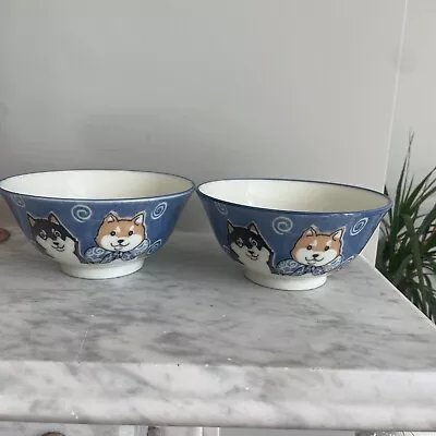 Japanese Rice Soup Bowl Pair Porcelain Blue Shiba Inu Dog JAPAN MADE Cute • £22