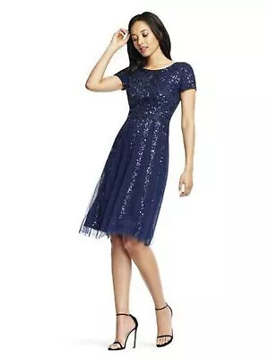 AIDAN MATTOX Womens Navy Low-back Cap Sleeve Knee Length Cocktail Shift Dress 2 • $47.99