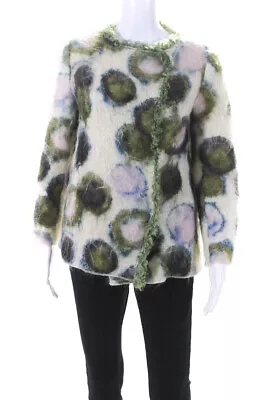 Marni Womens Button Front Curly Lamb Trim Wool Knit Coat White Green Size Large • $233.99