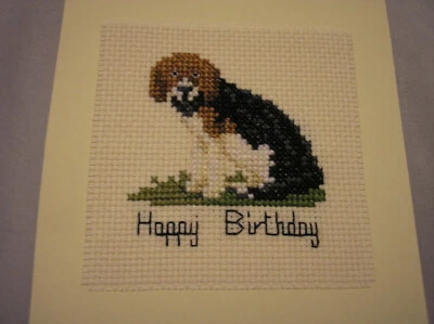 DOG BEAGLE HAPPY BIRTHDAY 3  X 3  Finished Cross Stitch Piece Stuck Onto Card • £5