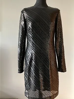 M&S Black Long Sleeve Sequin Dress Size 12 Regular Length High Neck Party BNWOT • £12