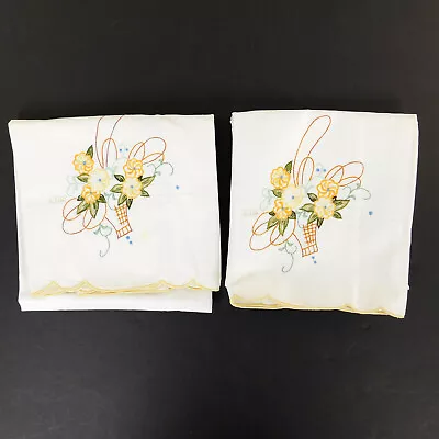 Embroidered Basket Of Flowers Pillow Cases Pair  White  Yellow Scalloped Edges • $8.69