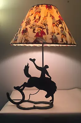 Vintage Cowboy Rodeo Themed Wrought Iron Lamp With Cowboys On Lamp Shade • $99