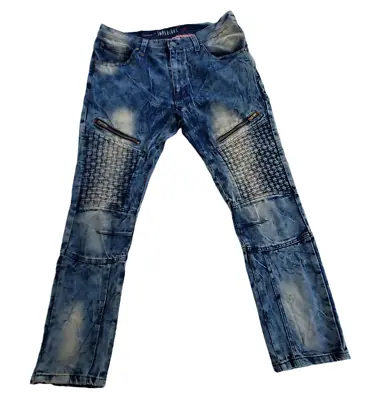 Imperious Slim Straight Fit Men's Blue Acid Wash Basket Weave Moto Jeans 38x32 • $6.65