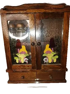 Vintage Wooden Spice Rack Cabinet Jars & Labels MUSHROOMS Faux Stained Glass  • $100