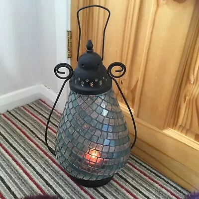 Moroccan Style Lantern Blue Glass Panels .Tea Light Candle Holder. 37 Cm . • £5.50